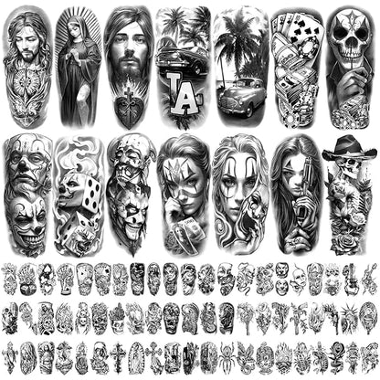 Chicano Temporary Tattoos Adult, Large Fake Tattoos Chicano Guadalupe Gangster Prisoner Day of the Dead, Lowrider Style Culture Mexico Clown Tattoo Stickers for Men Women, 77 Sheets