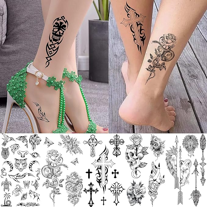 FANRUI 52 Sheets Creative Black Tiny Crown Infinity Triangle Fake Tattoos For Men Women Realistic Stars Letters Tattoos For Kids Temporary Waterproof Arm Hand Face Finger Neck Tatoo Stickers