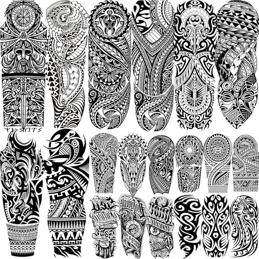 20 Sheets Maori Full Arm Sleeve Temporary Tattoos For Men Women Thigh, Fake Tattoo Sleeve For Adults, Tribal Indian Long Lasting Halloween Black Turtle Maori Tattoo Stickers Faith Belief Totem Armband
