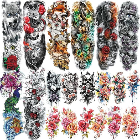 20 Sheets Sexy Rose Flower Full Arm Temporary Tattoos For Women Thigh, Lion Wolf Owl Fox Nun Girl Fake Tattoo Sleeve For Adults, Watercolor Floral Blossom Peacock Halloween Sleeve Tattoo Stickers