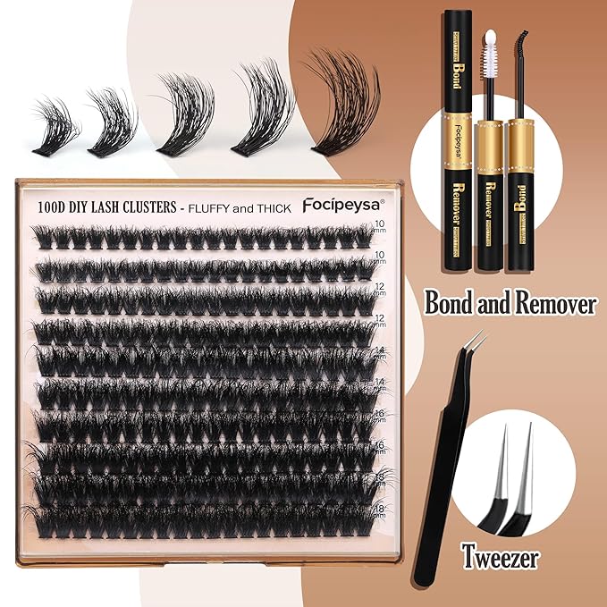 Thick Eyelash Extension Kit Volume Lash Clusters Kit 10-18mm Individual Lashes Clusters 100D DIY Lash Extension Kit 200pcs Clusters Lash with Bond and Remover Lash Applicator by Focipeysa