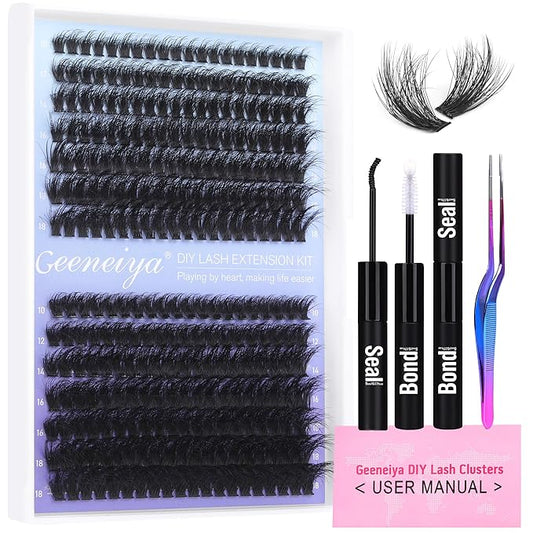 Geeneiya Lash Extension Kit Thick Cluster Lashes DIY Eyelash Extension Kit Individual Lashes Kit with Lash Bond and Seal Glue, Lash Applicator, DIY at Home for Beginners(Thick 60D+80D, 280Pcs)