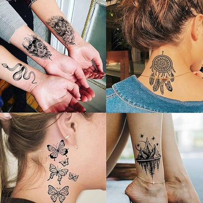 75 Sheets Black Realistic 3D Rose Flowers Temporary Tattoos For Women Girls Adults, Guadalupe Virgin Mary Lotus Snake Peony Florals Blossom Fake Tattoo Stickers Forearm Lion Fox Spider Web Skull Lotus