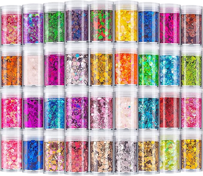 Holographic Chunky Glitter, Set of 36 Colors Craft Glitter Sparkle Sequins, Cosmetic Glitter Flake for Epoxy Resin, Body, Face, Eye, Nail Arts, Slime Making, Wedding Festival Party Decoration