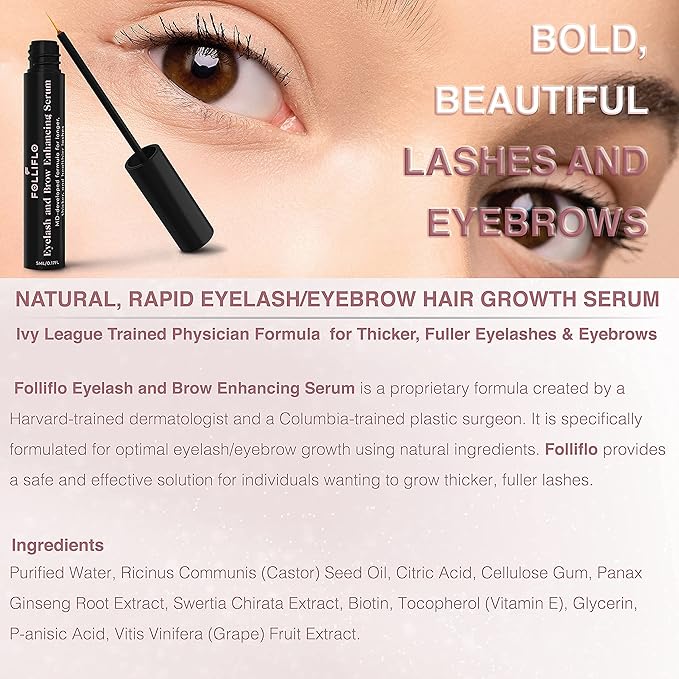 Folliflo by CELL ACCEL Eyelash & Brow Enhancing Serum with Castor Oil & Panax Ginseng - Hair Growth Formula for Longer, Thicker & Healthier Lashes - Developed by a Harvard-Trained Dermatologist