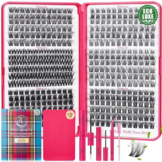 FOXY BEAUTY Lash Clusters Kit - Lash Clusters Eyelash Clusters Kit Lash Extension Kit Eyelash Clusters 0.05D Fluffy Eyelash Clusters Biodegradable Lightweight Eyelashes Kit Lash Kit with Bond and Seal