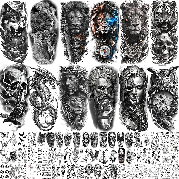 73 Sheets Black Wolf Lion Temporary Tattoos For Men Women, Halloween Half Arm Sleeve Tattoo Stickers Tiger Zeus Jesus Christ Dragon, Temp Gothic Waterproof Fake Tattoos For Adults Owl Skull Skeleton