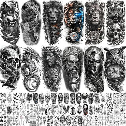 73 Sheets Black Wolf Lion Temporary Tattoos For Men Women, Halloween Half Arm Sleeve Tattoo Stickers Tiger Zeus Jesus Christ Dragon, Temp Gothic Waterproof Fake Tattoos For Adults Owl Skull Skeleton
