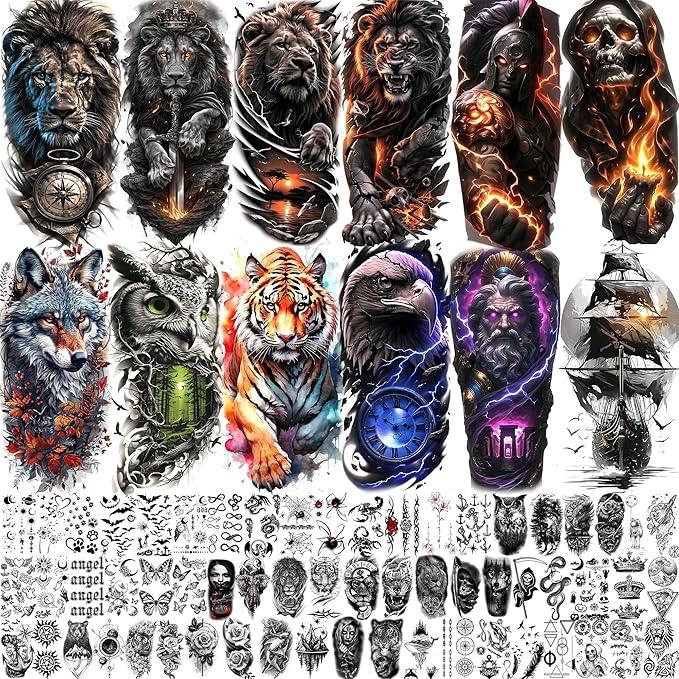 72 Sheets Lion Skull Temporary Tattoos For Men Women, Halloween Half Arm Sleeve Tattoo Stickers Zeus Eagle Tiger Ship, 3D Watercolor Temp Gothic Waterproof Fake Tattoos Adults Flower Skeleton Compass