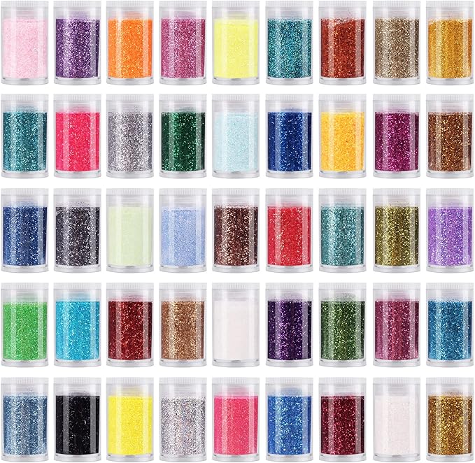 Pack of 45 Colors Iridescent Fine Glitter,Licool Extra Fine Holographic Glitter for Epoxy Resin DIY Craft,Nail Art,Body Hair Face Make up Powder,Slime Candle Tumbler Making Metalic