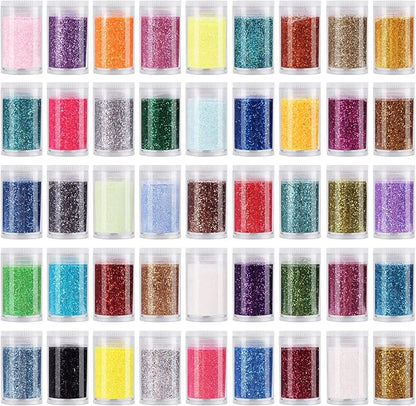 Pack of 45 Colors Iridescent Fine Glitter,Licool Extra Fine Holographic Glitter for Epoxy Resin DIY Craft,Nail Art,Body Hair Face Make up Powder,Slime Candle Tumbler Making Metalic
