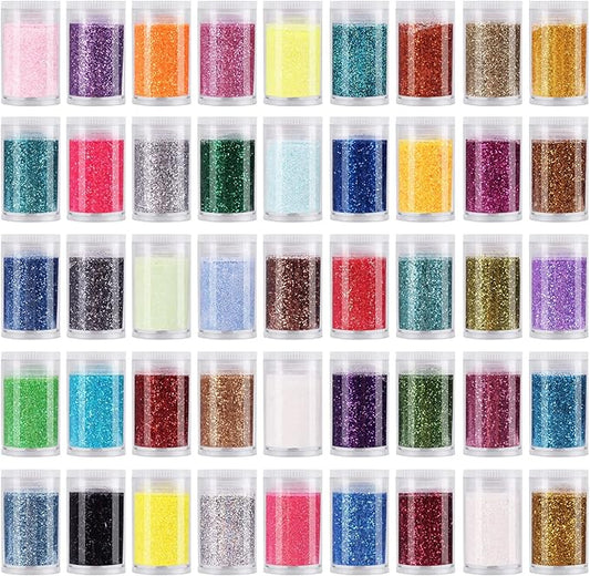 Pack of 45 Colors Iridescent Fine Glitter,Licool Extra Fine Holographic Glitter for Epoxy Resin DIY Craft,Nail Art,Body Hair Face Make up Powder,Slime Candle Tumbler Making Metalic