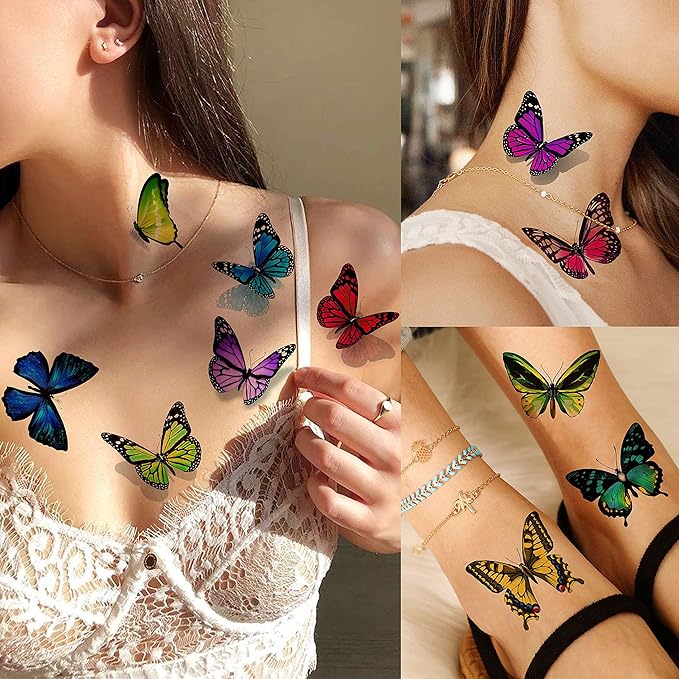 81 PCS Colorful Butterfly Temporary Tattoos For Women Boobs, Watercolor Small 3D Butterfly Long Lasting Temp Tattoo Sticker For Kids Girls Face Arm, Fake Tattoos That Look Real And Last Long