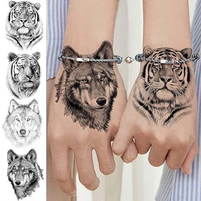 10 Sheets Realistic Tiger Temporary Tattoos Animals For Men Body Armband Soldier Fake Tatoo Stickers For Women Scorpion Wolf Deer Elk Eagle Bear Dot Adults Forearm Tattoos Girls Kids Teens.