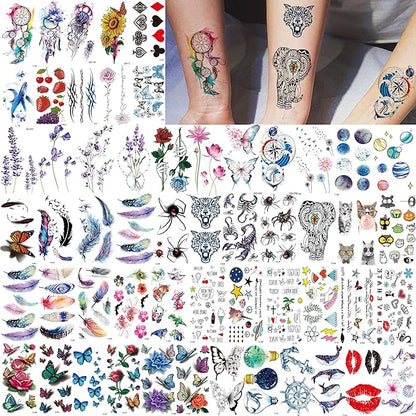 66 Sheets Peony Rose Flower Temporary Tattoos For Women Adults Thigh, 3D Lavender Butterfly Fake Tattoos Girls Arm Sleeve, Realistic Watercolor Floral Temp Tattoo Sticker Finger Tatoos Neck