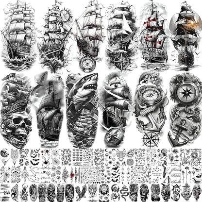 71 Sheets Sailing Ship Temporary Tattoos For Men Adults Forearm, Half Arm Sleeve Tattoo For Women Pirate Compass Anchor Faith Belief Family, Realistic Fake Tattoo Stickers Sea Wave Birds Skull Shark