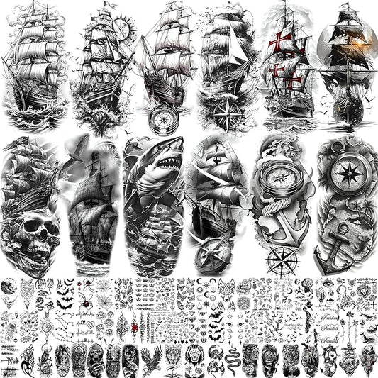 71 Sheets Sailing Ship Temporary Tattoos For Men Adults Forearm, Half Arm Sleeve Tattoo For Women Pirate Compass Anchor Faith Belief Family, Realistic Fake Tattoo Stickers Sea Wave Birds Skull Shark