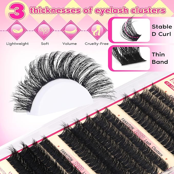 Lash Clusters Kit Thick Lash Extension Kit D Volume Lash Clusters 80D+100D+120D Eyelash Clusters Kit 10-18mm Eye Lash Clusters Wispy Individual Lashes with Bond and Seal