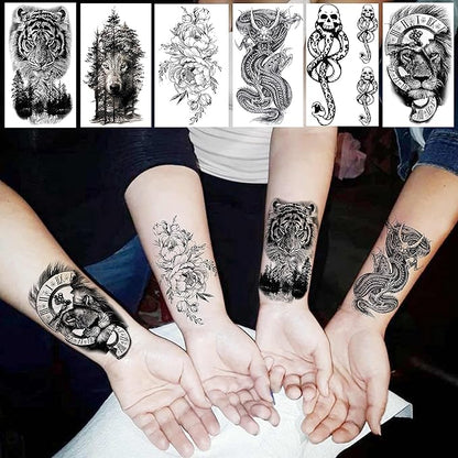 52 Sheets Black Skull Temporary Tattoos For Men Women Arm Neck Tatoos, 3D Realistic Small Rose Flowers Fake Tattoos Temporary, Waterproof Mountain Snake Lion Tiger Temp Tattoo Sticker Adults