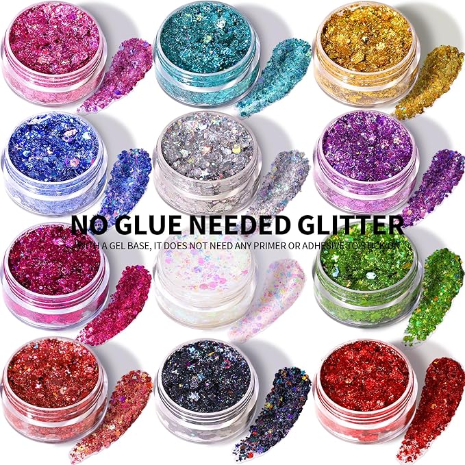 Teenitor Face Glitter Makeup Hair Glitter, 12 Colors Face and Body Glitter Gel for Festival Makeup, Gel Glitter for Face, Body, Hair, Total 120g/4.23oz