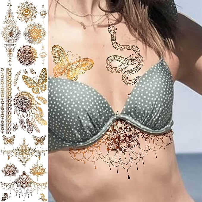 9 Sheets 95+ Patterns Flash Gold Temporary Tattoos For Women, Vintage Indian Tribal Bohemia Lotus Mandala Flower Fake Jewels Tattoo Sleeve For Adults, Glitter Golden Metallic Tatoo Sticker