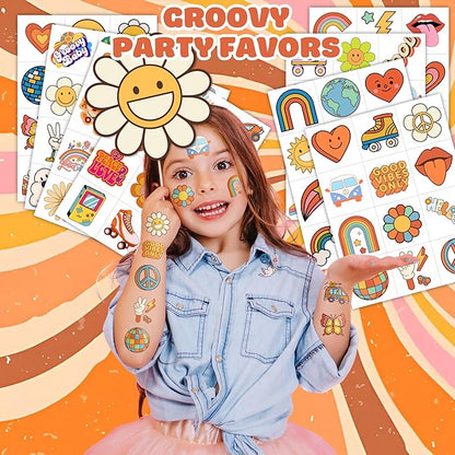 96PCS Groovy 70s Pre-Cut Temporary Tattoos - Retro Flower Power, Good Vibes Party Decorations & Favors | Cute Tattoos Stickers Gift for Kids, Boys & Girls, Baby Shower & Prize Supplies