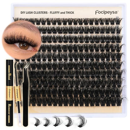 DIY Eyelash Extension Kit Volume Thick Lash Clusters Kit 10-18mm Thick Lash Extensions 90D Individual Eyelashes Extensions Kit with Lash Bond, Lash Remover, Lash Applicator (90D-D Curly-200Pcs)
