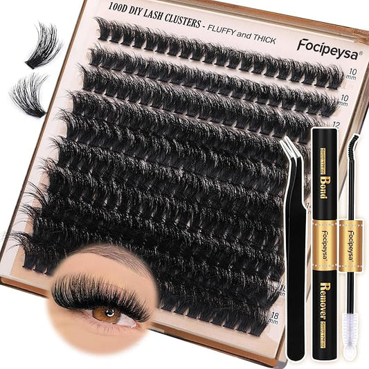 Thick Eyelash Extension Kit Volume Lash Clusters Kit 10-18mm Individual Lashes Clusters 100D DIY Lash Extension Kit 200pcs Clusters Lash with Bond and Remover Lash Applicator by Focipeysa