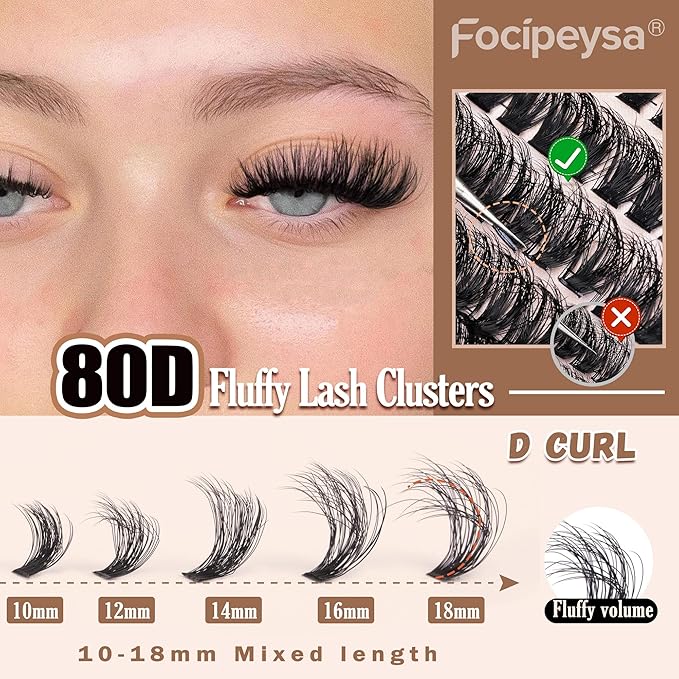 Focipeysa Eyelash Extension Kit, 200pcs 80D Mink Fur False Eyelashes, 10-18mm DIY Lash Clusters, Matte Black, Vegan, Cruelty Free, Includes Lash Bond & Remover, Tweezers