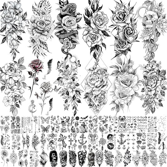 63 Sheets 3D Flower Temporary Tattoos For Women Girl, 12 Sheets Realistic Sexy Rose Peony Floral Fake Tattoo Sticker Adult, 52 Sheets Small Black Snake Letter Anchor Infinity Tatoos Neck Arm