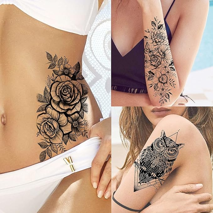 69 Sheets Realistic Peony Rose Flower Temporary Tattoos For Women Girls Arm Thigh, Owl Tiger Floral Waterproof Long Lasting Temp Fake Tattoos For Women, Small Black Tattoo Stickers Kids Finger
