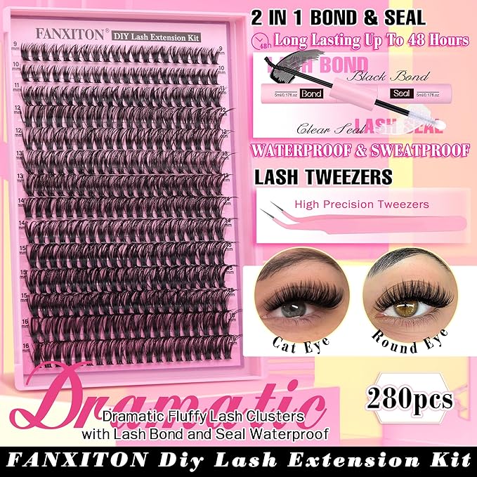 FANXITON DIY Lash Extension Kit 50D D Individual Lashes Lash Clusters Kit Cluster Lashes Lash Bond and Seal and Lash Tweezers for Lash Clusters Kit DIY at Home