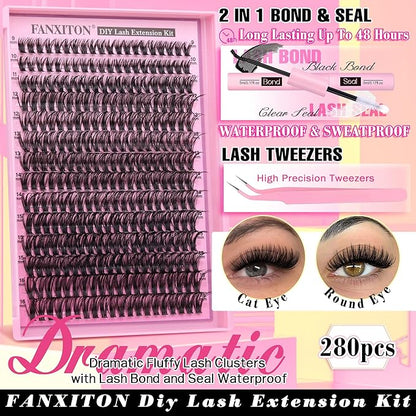FANXITON DIY Lash Extension Kit 50D D Individual Lashes Lash Clusters Kit Cluster Lashes Lash Bond and Seal and Lash Tweezers for Lash Clusters Kit DIY at Home