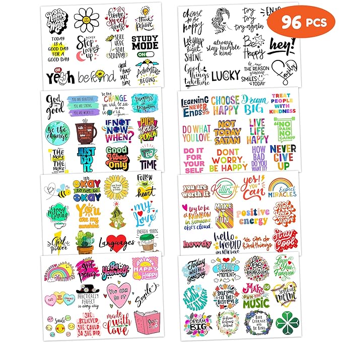 96 PCS Motivational Inspirational Quote Pre-Cut Temporary Tattoos for Kids Birthday Party Decorations Supplies Decor Favors Super Cute Positive Affirmation Tattoo Stickers Gifts For Boys Girls Rewards