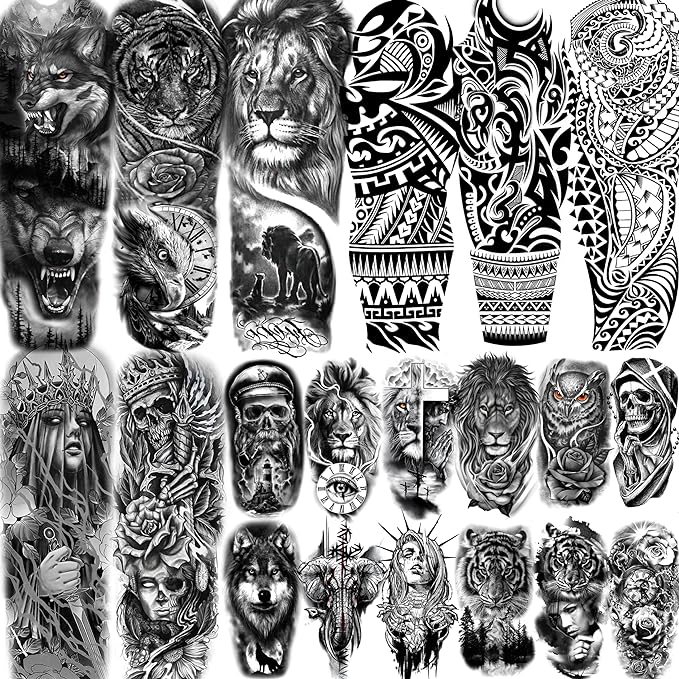 20 Sheets Black Tribal Wolf Tiger Lion Temporary Tattoo Sleeve For Men Adults, 3D Halloween Prison Gothic Maori Sleeve Tattoos For Women, Fake Full Arm Sleeve Tattoo Stickers Skull Skeleton