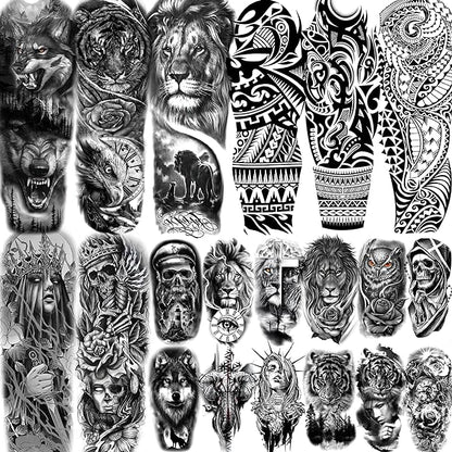 20 Sheets Black Tribal Wolf Tiger Lion Temporary Tattoo Sleeve For Men Adults, 3D Halloween Prison Gothic Maori Sleeve Tattoos For Women, Fake Full Arm Sleeve Tattoo Stickers Skull Skeleton