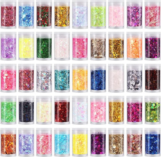 Chunky Fine Mixed Glitter,Set of 45 Colors,Holographic Glitter for Epoxy Resin DIY Craft,Nail Art,Face Eye Hair Make up,Iridescent Flake Chunky Sequin for Slime Jewelry Tumbler Making
