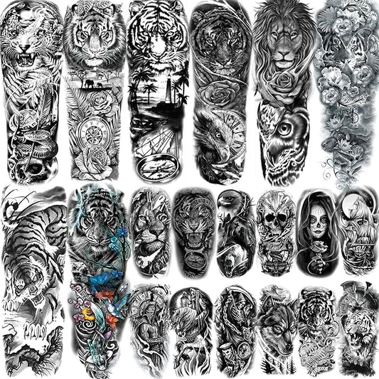 20 Sheets Large Tiger Full Arm Temporary Tattoos For Women, 8 Sheets Full Sleeve Tattoos For Men Tiger Lion Eagle Owl Compass Flower, 12 Sheets Half Arm Tattoo Sleeve For Adults Ship Skull