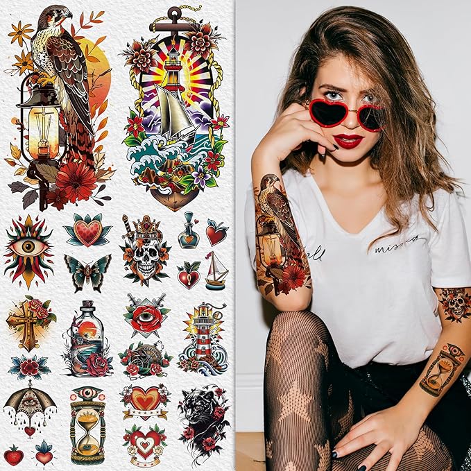 Cerlaza 79 Sheets Classic Temporary Tattoos for Adult Women Men, American Old School Fake Tattoos Sleeve, Realistic Traditional Colorful Flower Animal Half Arm/Tiny Tattoo Stickers