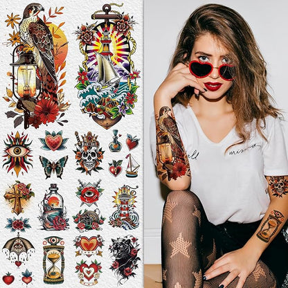 Cerlaza 79 Sheets Classic Temporary Tattoos for Adult Women Men, American Old School Fake Tattoos Sleeve, Realistic Traditional Colorful Flower Animal Half Arm/Tiny Tattoo Stickers