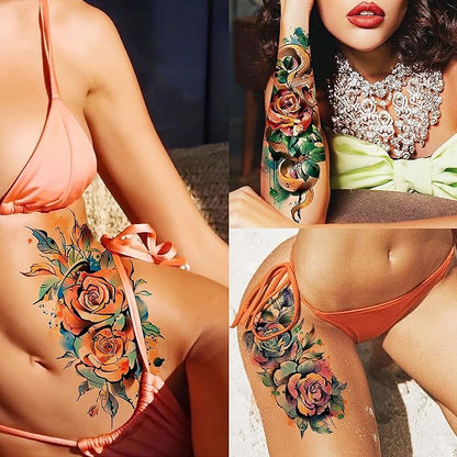 63 Sheets 3D Watercolor Rose Temporary Tattoos For Women Arm Girls Adults, Water Color Peony Flower Tattoo Sticker, Bulk Temp Fake Long Lasting Tattoo Colorful Floral Moon Snake Lion Wolf Tiger