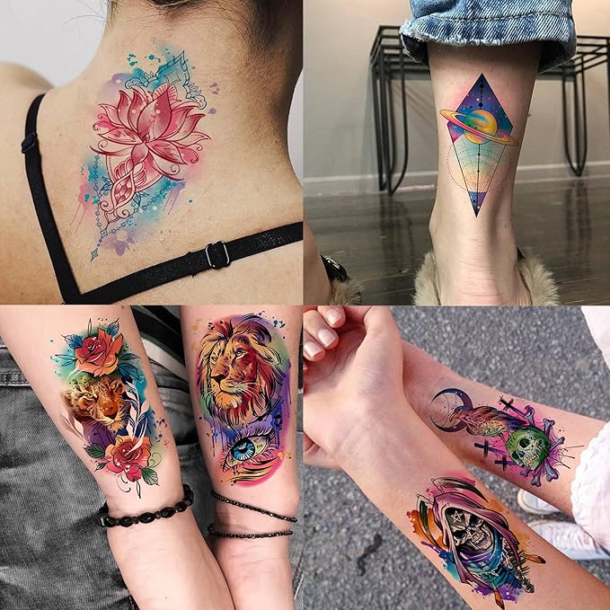 70 Sheets Watercolor Raccoon Phoenix Temporary Tattoos For Women Girls Adults, Water Color Tiger Lion Rose Flower Half Arm Sleeve Tattoo Stickers Peony Floral, Waterproof Fake Tattoos Butterfly Skull