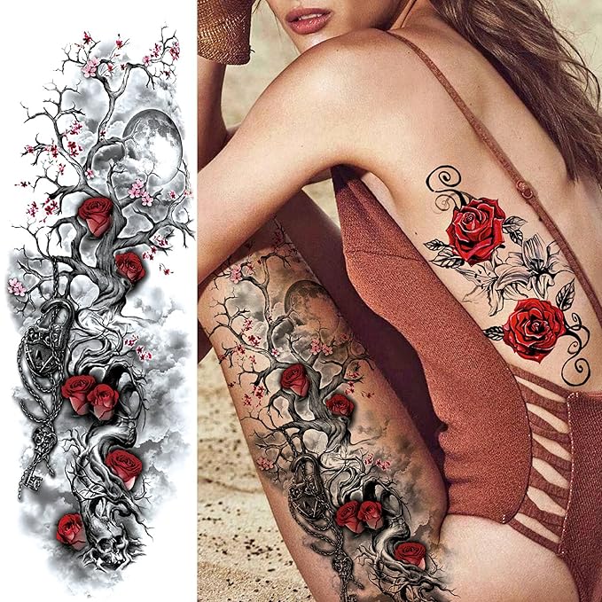 20 Sheets Full Arm Sleeve Temporary Tattoos For Women Girls Thigh, Rose Flower Tribal Eye Compass Clock Fake Tattoo Sleeve For Adults, Long Lasting Peony Florals Peace Dove Black Tattoo Stickers