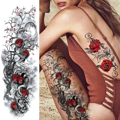 20 Sheets Full Arm Sleeve Temporary Tattoos For Women Girls Thigh, Rose Flower Tribal Eye Compass Clock Fake Tattoo Sleeve For Adults, Long Lasting Peony Florals Peace Dove Black Tattoo Stickers