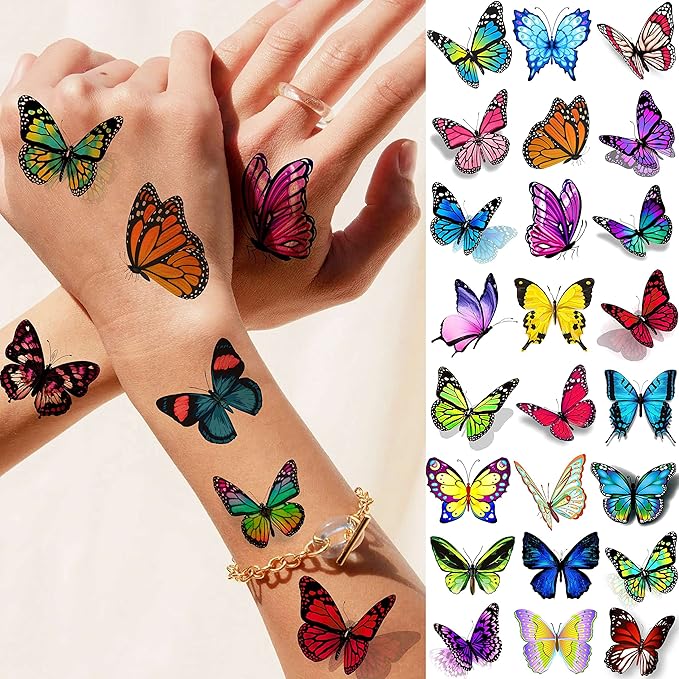 81 PCS Colorful Butterfly Temporary Tattoos For Women Boobs, Watercolor Small 3D Butterfly Long Lasting Temp Tattoo Sticker For Kids Girls Face Arm, Fake Tattoos That Look Real And Last Long
