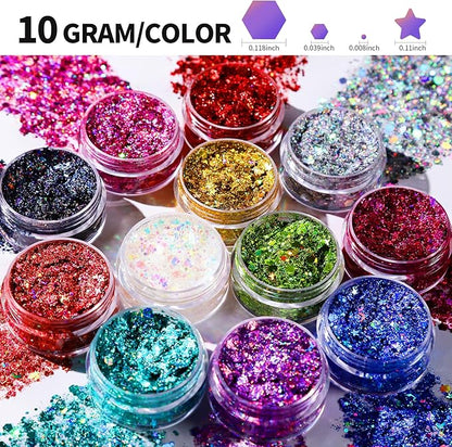 Teenitor Face Glitter Makeup Hair Glitter, 12 Colors Face and Body Glitter Gel for Festival Makeup, Gel Glitter for Face, Body, Hair, Total 120g/4.23oz