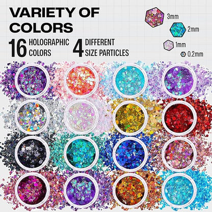 Chunky Holographic Body Glitter I 16 Colors + Glitter Glue for Face Glitter Makeup, Hair, Eye & Fine Glitter Eyeshadow - Perfect for Halloween, Slime, Resin, Tumblers, Craft, Cosmetic & Nail Art