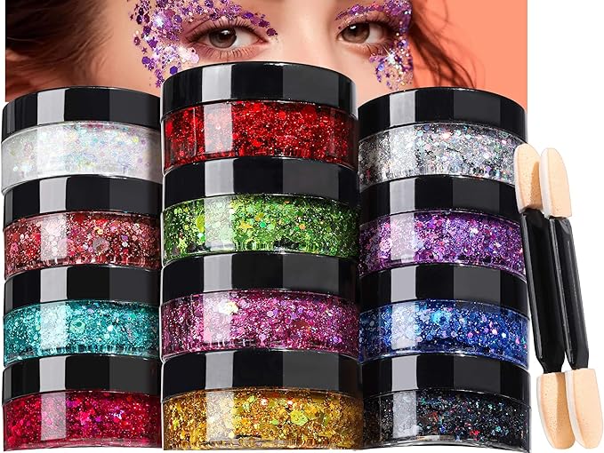 Teenitor Face Glitter Makeup Hair Glitter, 12 Colors Face and Body Glitter Gel for Festival Makeup, Gel Glitter for Face, Body, Hair, Total 120g/4.23oz