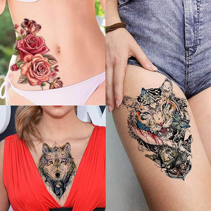 54 Sheets Large Watercolor Lion Owl Temporary Tattoos For Women Arm Adults Thigh, 3D Long Lasting Temp Tattoo Sticker For Men Chest Shoulder, Wolf Tiger Bulk Fake Tatoos Kit Set Rose Butterfly