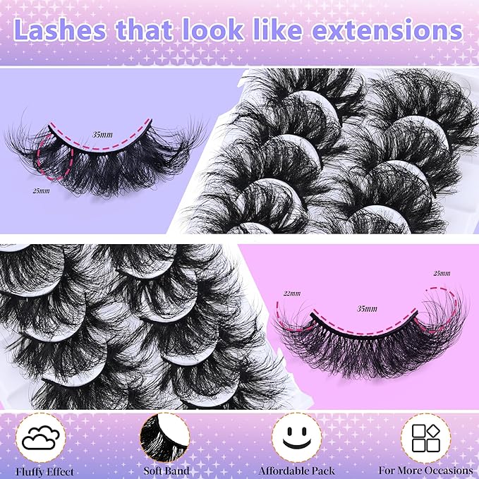 25 mm Lashes Long Dramatic Lashes Wispy D Curl 25mm Lashes Full Volume False Strip Lashes Thick Fluffy Long Fake Mink Eyelashes（2 Styles）